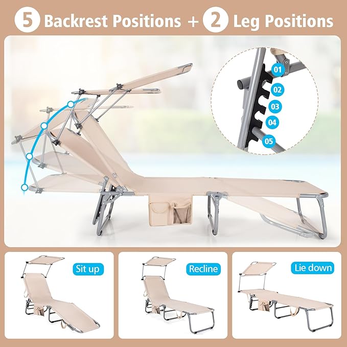 Goplus Tanning Chair, Foldable Beach Lounge Chair with 360°Canopy Sun Shade, Side Pocket - Photo 5