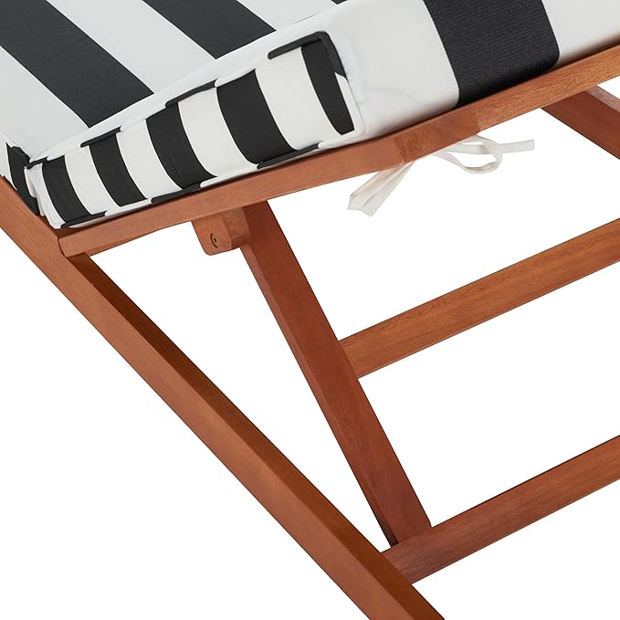 SAFAVIEH Outdoor Collection Solano Natural Brown Solid Wood/Navy Blue & White Stripe Cushion Patio Adjustable Chaise Lounge Chair (PAT7024H)