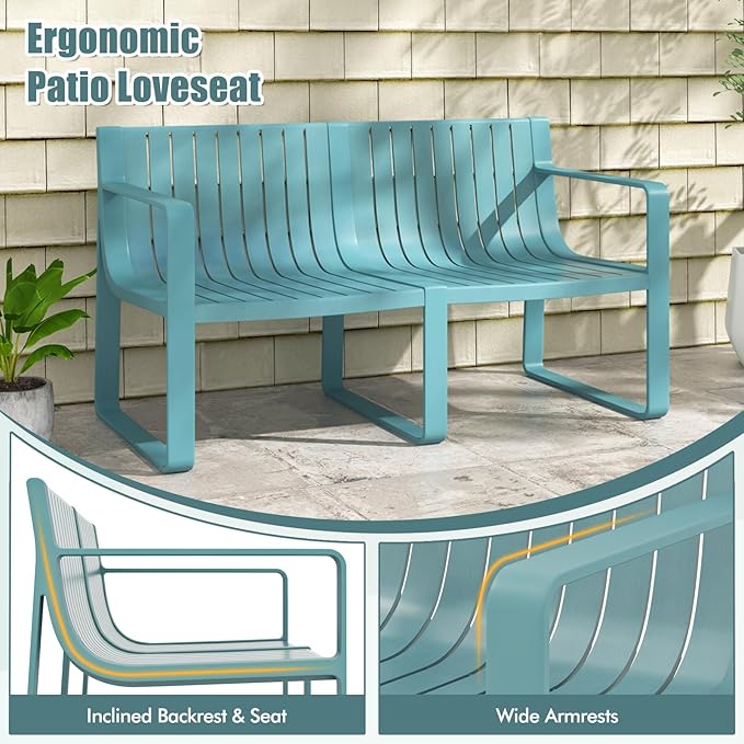 Tangkula Patio Loveseat, Weather-Resistant Plastic 2-Person Bench with Curved Backrest, Outdoor Conversation Furniture with Slatted Design for Patio, Poolside, Backyard, Garden, Deck, Lawn (Blue)