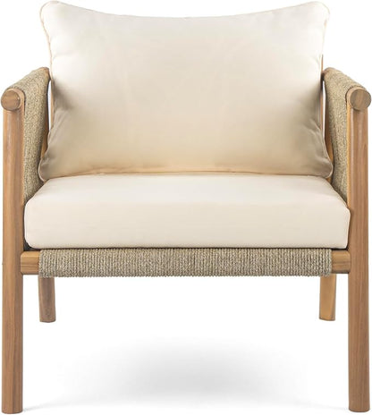 Christopher Knight Home Posey Modern Patio Wooden Club Chair with Rope Woven Armrest&Backrest, Outdoor Lounge Chair with Weather-Resistant Removable Cushions, Deep Seating Accent Chair, Teak+Beige