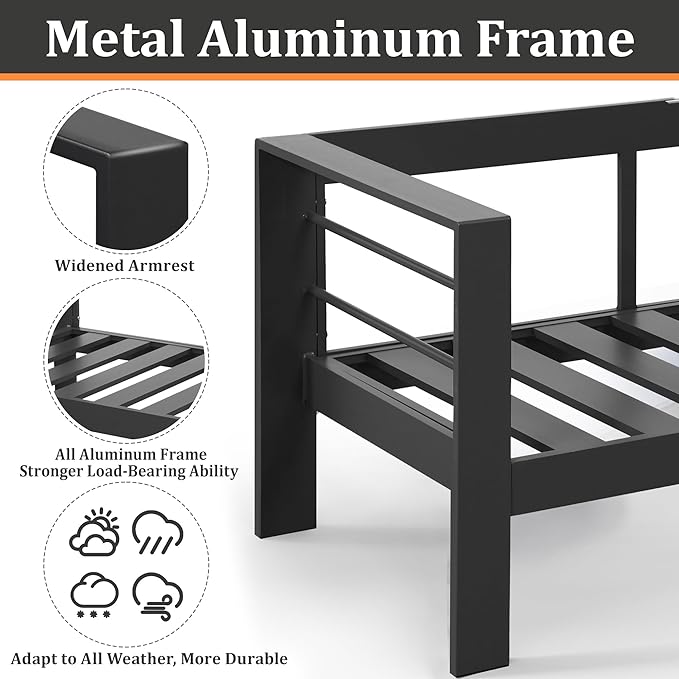 Kiss the Water Outdoor Patio Metal Furniture Chair, 2 PCS All-Weather Aluminum Outdoor Sofa with 5" Thick Soft Cushion and Wide Arm, Deep Seating Patio Couch for Balcony, Porch, Backyard