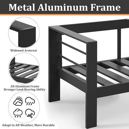 Kiss the Water Outdoor Patio Metal Furniture Chair, 2 PCS All-Weather Aluminum Outdoor Sofa with 5" Thick Soft Cushion and Wide Arm, Deep Seating Patio Couch for Balcony, Porch, Backyard