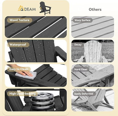 Mdeam 3-Position Adjustable Adirondack Chairs Set of 2, 400LBS Capacity, Cup Holder, Wooden Textured, All-Weather HDPE Folding Fire Pit Outdoor Chairs for Poolside Deck Patio Garden Yard Lawn - Black