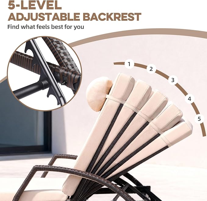 Patio Chaise Lounge Chairs Set of 6 Wicker Pool Lounge Chairs Outdoor with 5 Adjustable Back & Removable Cushion & Tray Tanning Chair Sun Loungers for Patio Poolside Deck Beach