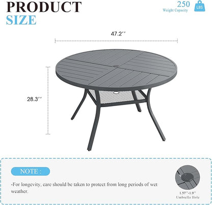 VICLLAX 47.2" Round Patio Table with Umbrella Hole, All Weather Metal Outdoor Dining Table for 6, Outside Table with Storage Shelf for Lawn Garden, Grey