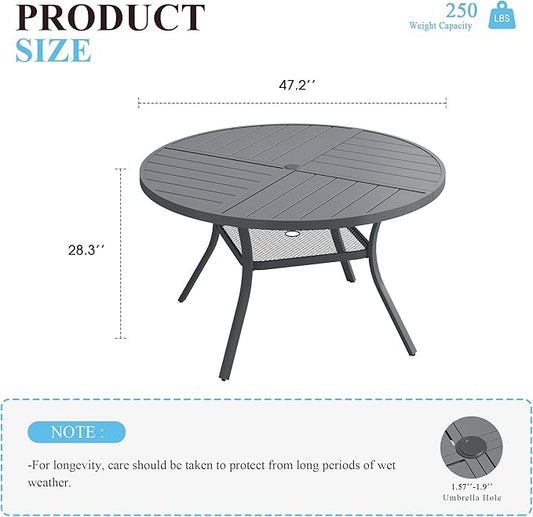VICLLAX 47.2" Round Patio Table with Umbrella Hole, All Weather Metal Outdoor Dining Table for 6, Outside Table with Storage Shelf for Lawn Garden, Grey