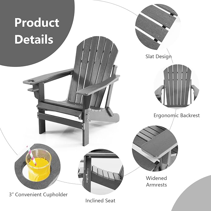 Giantex Folding Adirondack Chair, HDPE Patio Chairs Fire Pit Lounge Chair W/Retractable Ottoman & Cup Holder, Weatherproof Outdoor Adirondack Chairs for Porch, Garden, Backyard (1, Gray)
