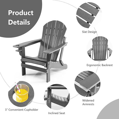 Giantex Folding Adirondack Chair, HDPE Patio Chairs Fire Pit Lounge Chair W/Retractable Ottoman & Cup Holder, Weatherproof Outdoor Adirondack Chairs for Porch, Garden, Backyard (1, Gray)