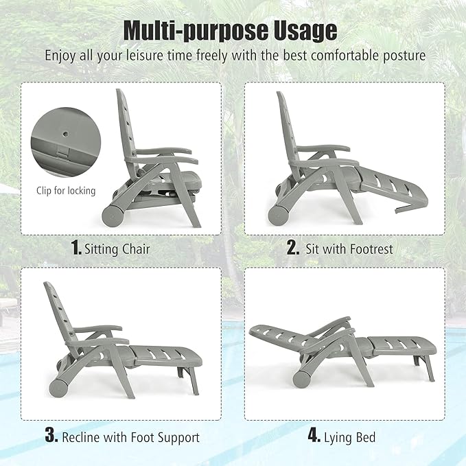 Moccha Folding Chaise Lounge Chair - Plastic Patio Lounger w/ 2 Rolling Wheels, 5-Adjustable Positions, Armrests, Outdoor Lounge Recliner for Poolside Yard Garden Sunbathing Beach Chair (2, Grey)