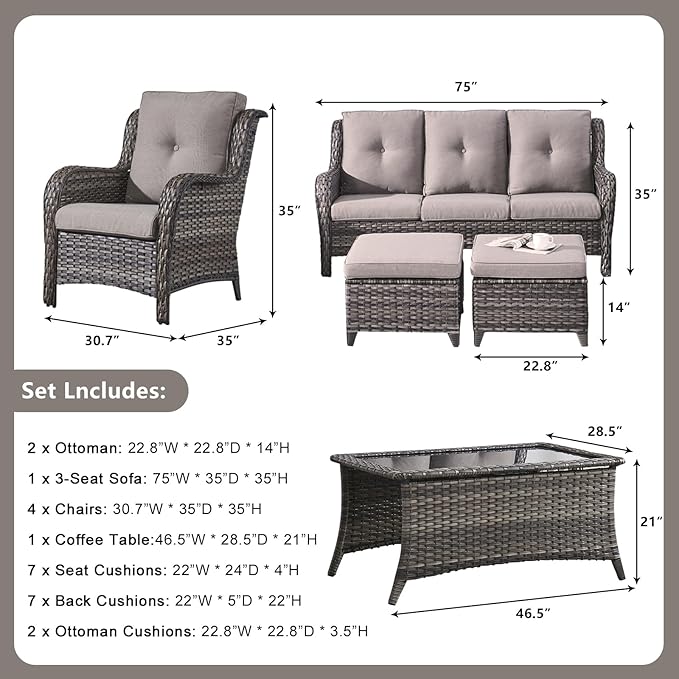 Rilyson Wicker Patio Furniture Chairs Set - 8 Piece Rattan Outdoor Patio Sectional Conversation Sets with Sofa - Photo 2