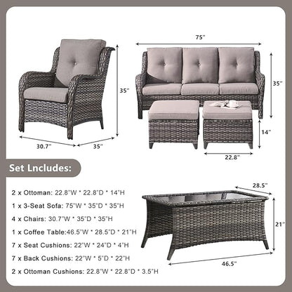 Rilyson Wicker Patio Furniture Chairs Set - 8 Piece Rattan Outdoor Patio Sectional Conversation Sets with Sofa,Armrest Chairs,Coffee Table and Ottomans for Porch Deck Garden(Mixed Grey/Grey)