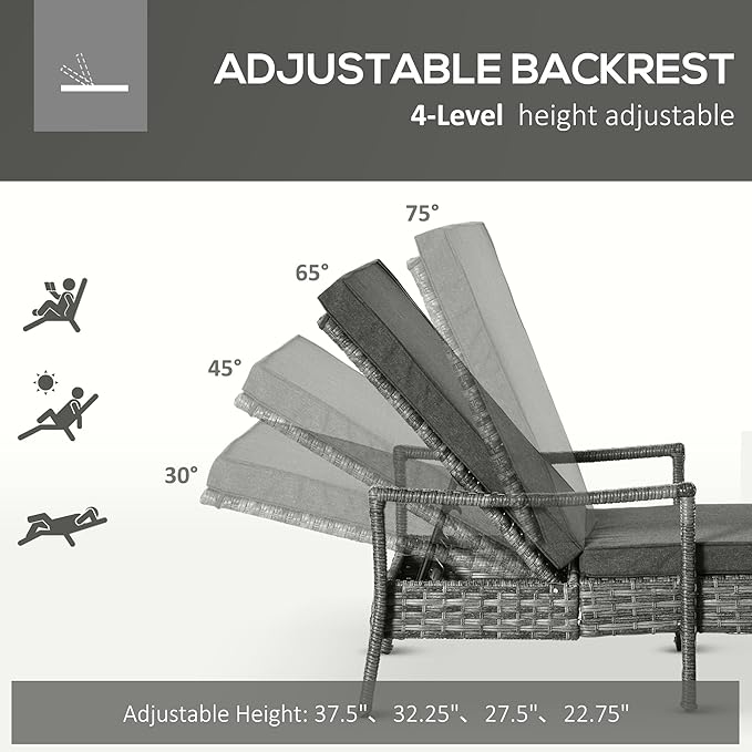 Outsunny Wicker Chaise Lounge, 4 Position Adjustable Backrest and Cushions Outdoor Lounge Chair PE Rattan Sun Lounger for Poolside, Balcony or Garden, Dark Grey