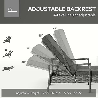 Outsunny Wicker Chaise Lounge, 4 Position Adjustable Backrest and Cushions Outdoor Lounge Chair PE Rattan Sun Lounger for Poolside, Balcony or Garden, Dark Grey