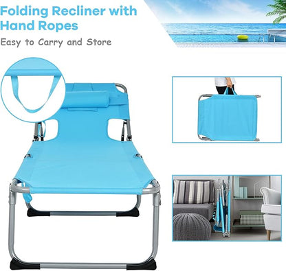 GYMAX Tanning Chair, Folding Beach Lounger with Face Arm Hole, Adjustable Backrest, Side Pocket & Carry Handle, Outside Sunbathing Lounge Chair for Patio, Poolside, Lawn (2, Turquoise)