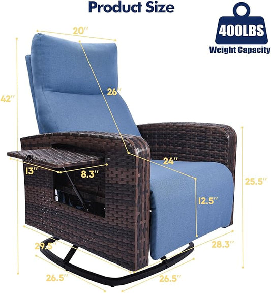 Outdoor Recliner Chair Set of 2, Wicker Patio Recliners with Adjustable Backrest and Extended Foot Rest, Reclining Patio Chairs with Flip Table & Removable Cushion Cover for Porch