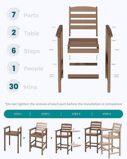 SERWALL Tall Adirondack Chairs Set of 2 with Connecting Table, Balcony Adirondack Chairs Set, Outdoor Bar Height Barstools Chair Set for Bistro, Poolside, Garden, Brown