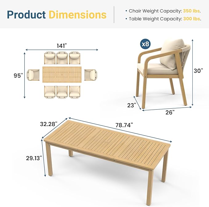 Wisteria Lane 9 Pieces Acacia Outdoor Patio Table and Chairs Set for 8, Patio Outdoor Dining Table Set with Cushion, Modern Outdoor Patio Table Set for Lawn Backyard Garden Deck, Beige