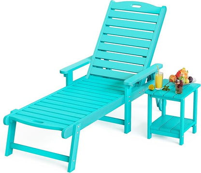LUE BONA HDPS Chaise Lounge Chair with Table, 2-Piece, Outdoor Pool Lounge Chairs with Adjustable Backrest, Resin Patio Lounge Chairs with Wheels for Outside, Aruba Blue