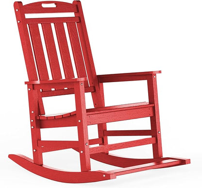 LOUNZY Outdoor Rocking Chair, HDPE Patio Rocking Chair with Footboard for Adults, All Weather Heavy Duty Front Porch Rocker, Dark Red