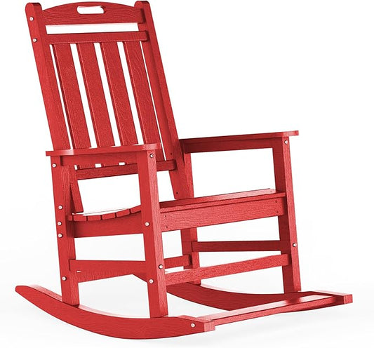 LOUNZY Outdoor Rocking Chair, HDPE Patio Rocking Chair with Footboard for Adults, All Weather Heavy Duty Front Porch Rocker, Dark Red