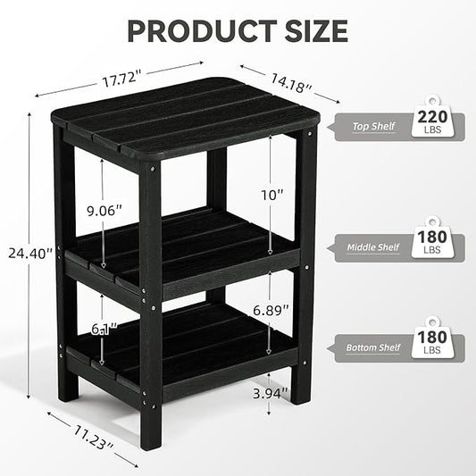 3 Tier Outdoor Side Table Adirondack Side Table HDPE End Table Patio Side Table Rectangle Tables for Outdoor Backyard Garden Balcony (Retro, Black)