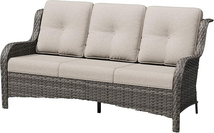 3 Seat Outdoor Couch, Wicker Patio Sofa with Thickened Olefin Cushions, High Back and Deep Seating, Hand-Woven PE Rattan for Porch, Deck, Balcony