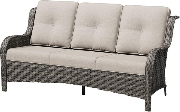 3 Seat Outdoor Couch, Wicker Patio Sofa with Thickened Olefin Cushions, High Back and Deep Seating, Hand-Woven PE Rattan for Porch, Deck, Balcony