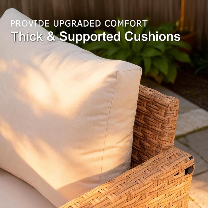 SUNSITT 3-Pieces Patio Furniture Set, Outdoor Wicker Swivel Rocker Chairs with Wood Top Side Table & Thick Comfy Cushions, for Porch, Balcony, Deck, Natural Rattan Color