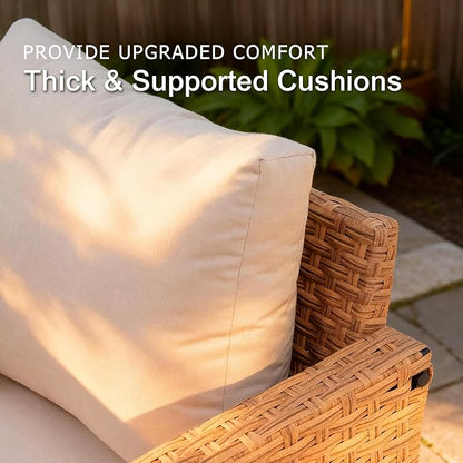 SUNSITT 3-Pieces Patio Furniture Set, Outdoor Wicker Swivel Rocker Chairs with Wood Top Side Table & Thick Comfy Cushions, for Porch, Balcony, Deck, Natural Rattan Color