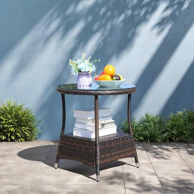 Outdoor Wicker Side Table with Glass Top, 21" Round Patio End Table, All-Weather PE Rattan Coffee Table for Garden, Balcony, Poolside, 120lbs Capacity, Easy Assembly