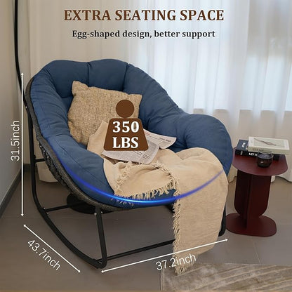 Oversized Rocking Chair Outdoor, Rocking Papasan Chair, Patio Egg Chair with Padded Cushion, Outdoor Wicker Rocking Chair for Front Porch, Garden, Patio (Navy Blue)