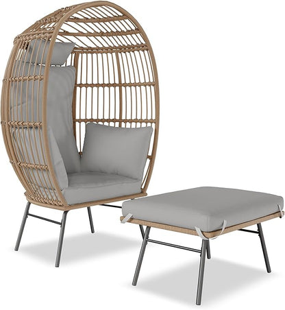 GarveeLife Oversize Wicker Egg Chair with Ottoman, Egg Shaped Lounge Chair with Thick Cushion, Comfy Egg Rattan Seat for Indoor Outdoor Patio Porch Backyard, Grey