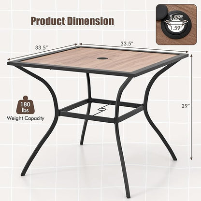 Tangkula Metal Square Patio Dining Table for 4, Heavy Duty Bistro Table with Adjustable Umbrella Hole & Wooden-Like Waterproof Tabletop, Outdoor Dinner Table for for Backyard, Deck, Lawn, Poolside