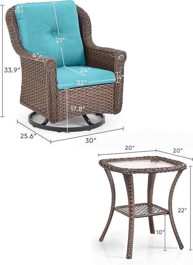 3 Piece Patio Swivel Chairs and Side Table Set - High Back Outdoor Brown Wicker Rattan Rocking Glider with Thick - Photo 3
