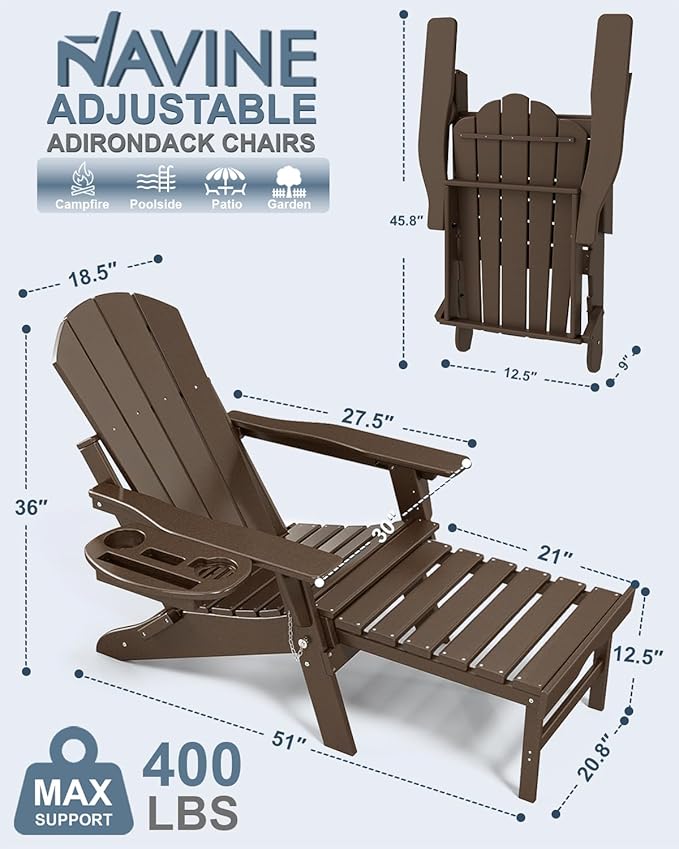 Adjustable Adirondack Chair with Retractable Ottoman Set of 4, HDPE Folding Adirondack Chair with Cup Holder, All Weather Fire Pit Chair for Outdoor.