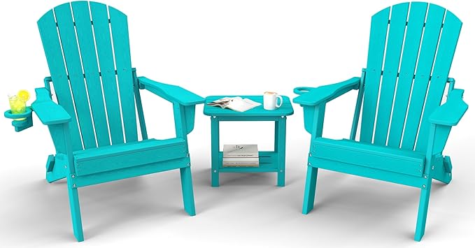 3-Piece Folding Adirondack Chair Set - 38" Extra Tall Back & Embossed Wood Grain - Photo 1