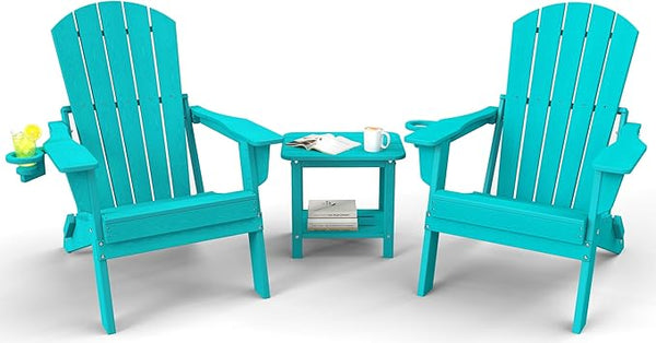 3-Piece Folding Adirondack Chair Set - 38" Extra Tall Back & Embossed Wood Grain - Photo 1