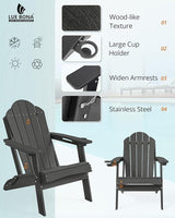 LUE BONA Folding Adirondack Chair, Cup Holder, Woodgrain, Fire Pit, Patio, Pool, Black - Photo 4