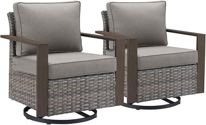 Rilyson Outdoor Patio Swivel Rocker Chairs - Wicker Rattan Patio Swivel Rocking Chairs Set of 2 with Metal Wide Armrest, Thick Cushions and Deep Seating for Deck Porch Sunroom Garden(Mixed Grey/Grey)