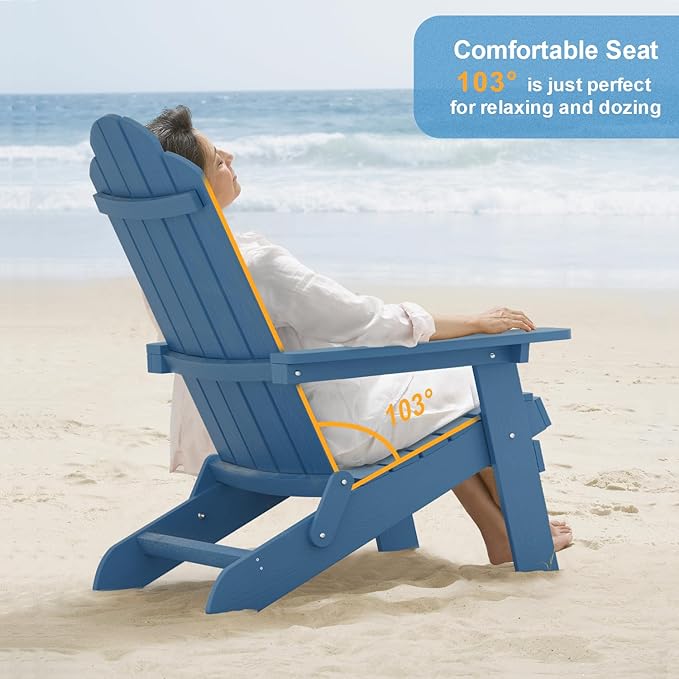 MXIMU Folding Adirondack Chair Set of 4 Weather Resistant Fire Pit Chairs Easy Assemble HIPS Plastic Outdoor Modern Adirondack Chairs for Patio, Lawn, Garden, Backyard, Deck(Navy)