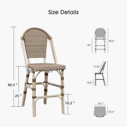 PURPLE LEAF French Counter Height Bar Stool Set of 4 White Print Finish Patio Bar Stools with Back Rattan Bar Chairs Wicker Bar Height Stool 25" with Footrest Outdoor Barstool Brown