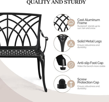 Bonnlo 38" Outdoor Bench, Aluminum Garden Bench with Orchid Patten, Anti-Slip Entryway Bench 1-2 Person Seat for Patio, Lawn, Backyard (Black)
