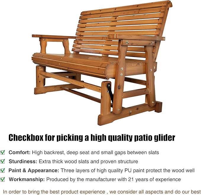 Fortune Candy Wooden Patio Glider with High Roll Back and Deep Contoured Seat, Solid Fir Wood, 2-Seater - Photo 4