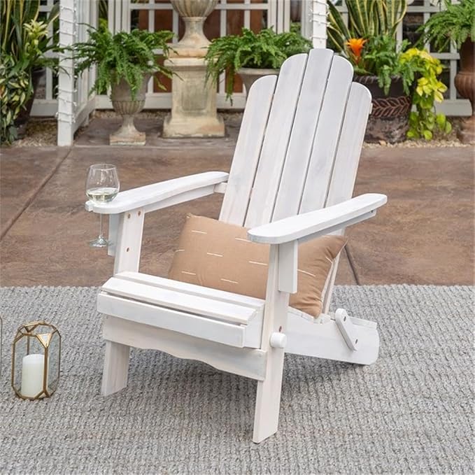 Pemberly Row Outdoor Acacia Wood Adirondack Chair, White Wash Finish, 38 x 22 x 29 in, Classic Design with Wine Glass Holder, Durable Patio Seating for Backyard, Deck, or Garden