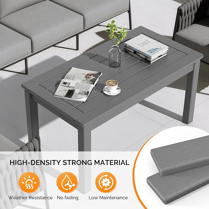 VINGLI Outdoor Coffee Table, HDPE Patio Coffee Table for Outside, All-Weather Rectangle Coffee Table for Deck, Garden, Balcony, Porch, Indoor & Outdoor Use (Gray)