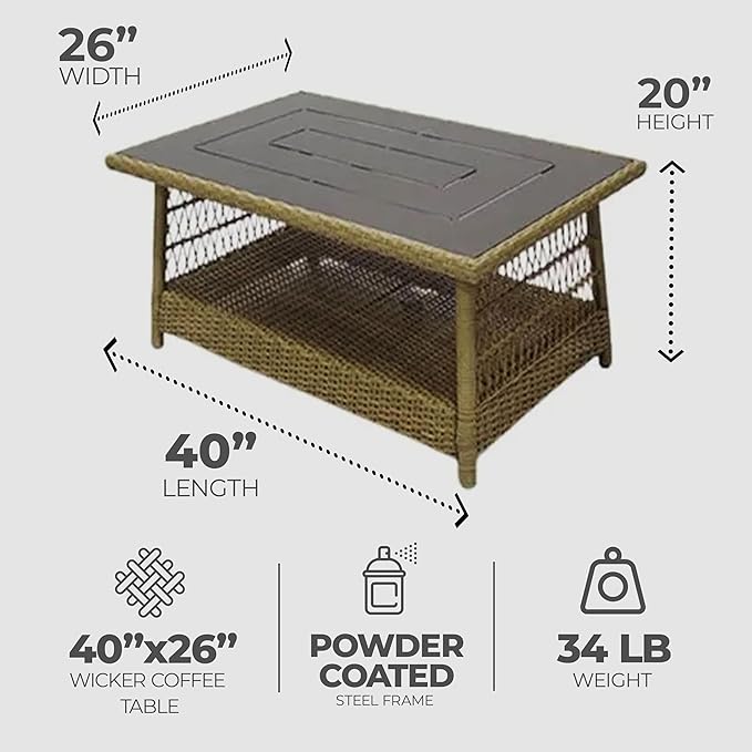Four Seasons Courtyard Positano 40" x 26" Rectangular All-Weather Outdoor Open Weave Wicker Coffee Table with Decorative Top and Bottom Shelf, Brown