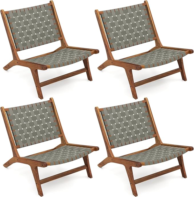 Tangkula Patio Teak Wood Chair Set of 4, Outdoor Mid-Century Accent Chair with Nylon Webbing Seat & Back, for Backyard - Photo 1