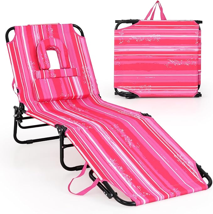 Goplus Tanning Chair, Folding Beach Lounge Chair with Face Hole, Removable Pillow, Carry Strap, Position Adjustable, Sunbathing Chair, Portable Outside Lounge Chair for Patio Pool