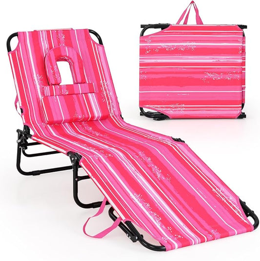 Goplus Tanning Chair, Folding Beach Lounge Chair with Face Hole, Removable Pillow, Carry Strap, Position Adjustable, Sunbathing Chair, Portable Outside Lounge Chair for Patio Pool