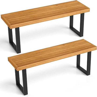 HAPPYGRILL Acacia Wood Bench for 2 People, Outdoor Dining Bench with Metal Legs & Adjustable Foot Pads, for Entryway, Garden, Poolside, Balcony, 800 LBS (2)